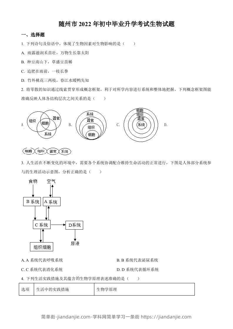 2022年湖北省随州市中考生物真题（空白卷）-简单街-jiandanjie.com