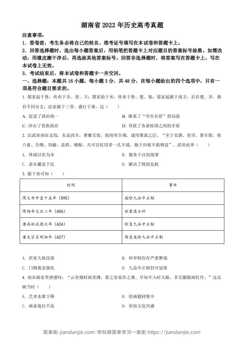 2022年高考历史试卷（湖南）（空白卷）-简单街-jiandanjie.com
