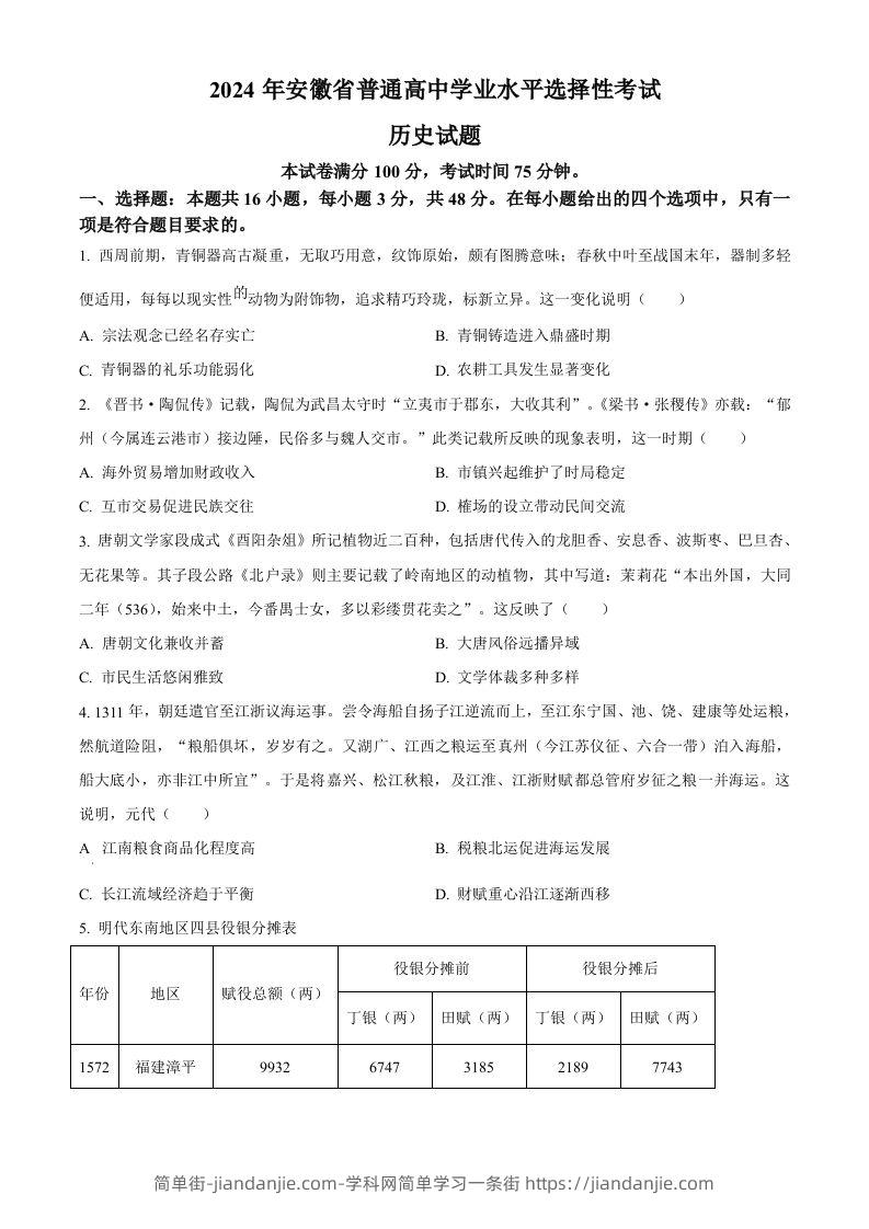 2024年高考历史试卷（安徽）（空白卷）-简单街-jiandanjie.com