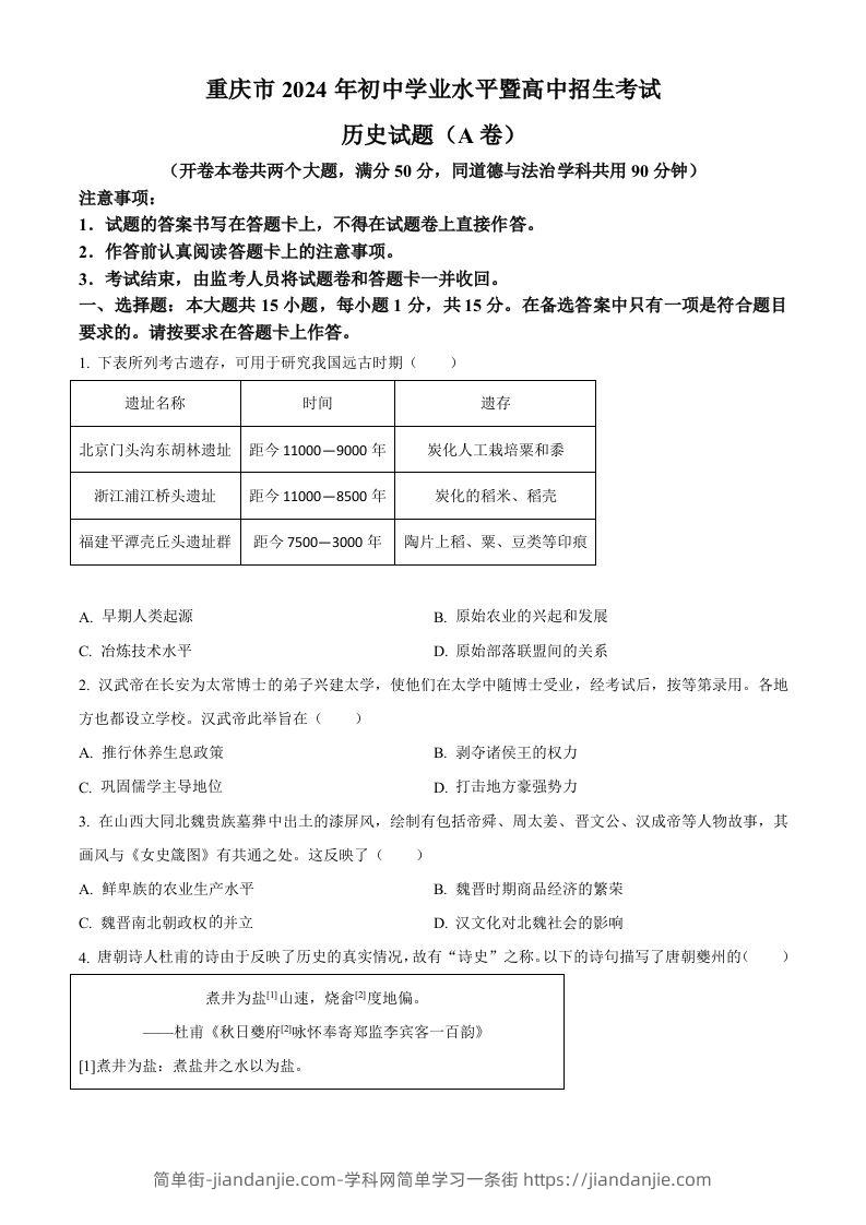 2024年重庆市中考历史真题（A卷）（空白卷）-简单街-jiandanjie.com