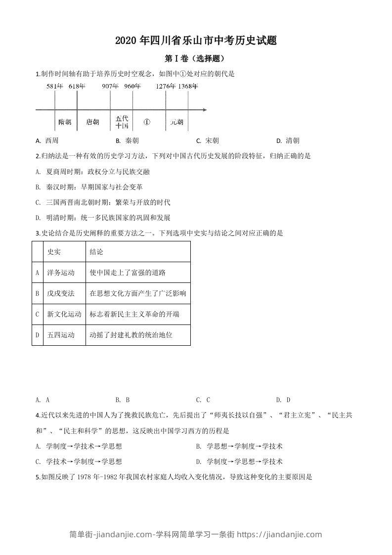 四川省乐山市2020年中考历史试题（空白卷）-简单街-jiandanjie.com