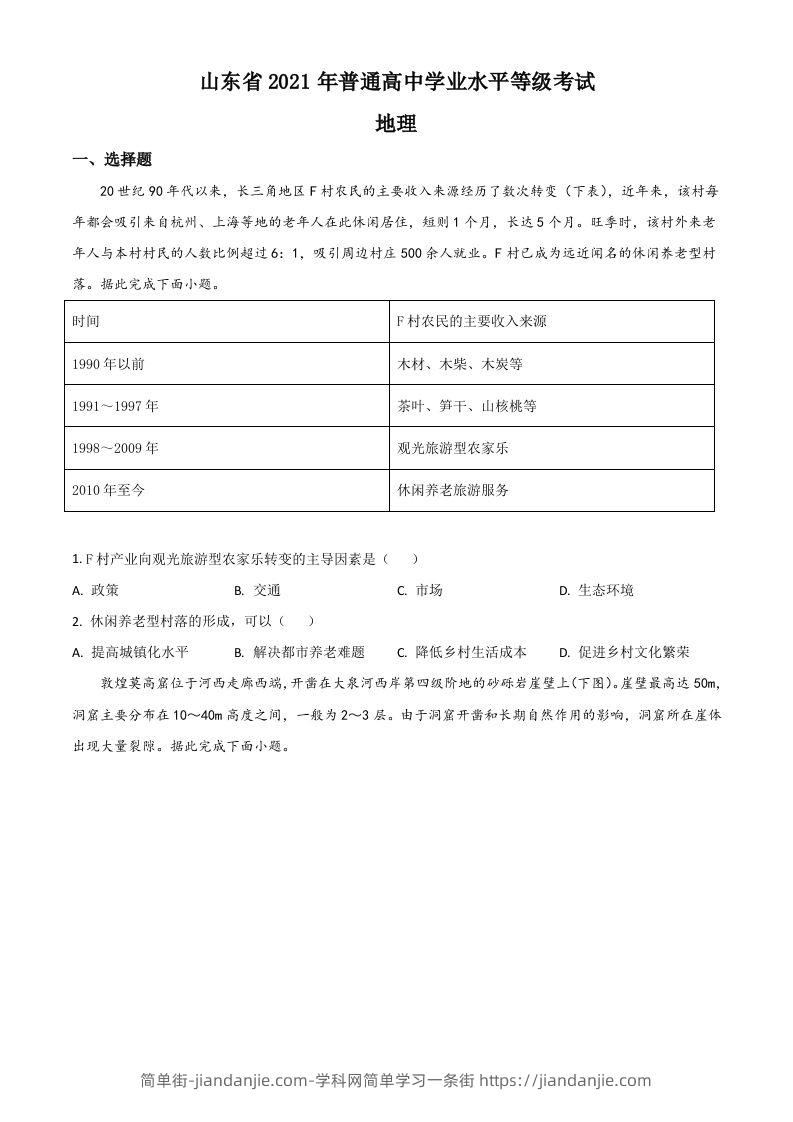 2021年高考地理试卷（山东）（空白卷）-简单街-jiandanjie.com