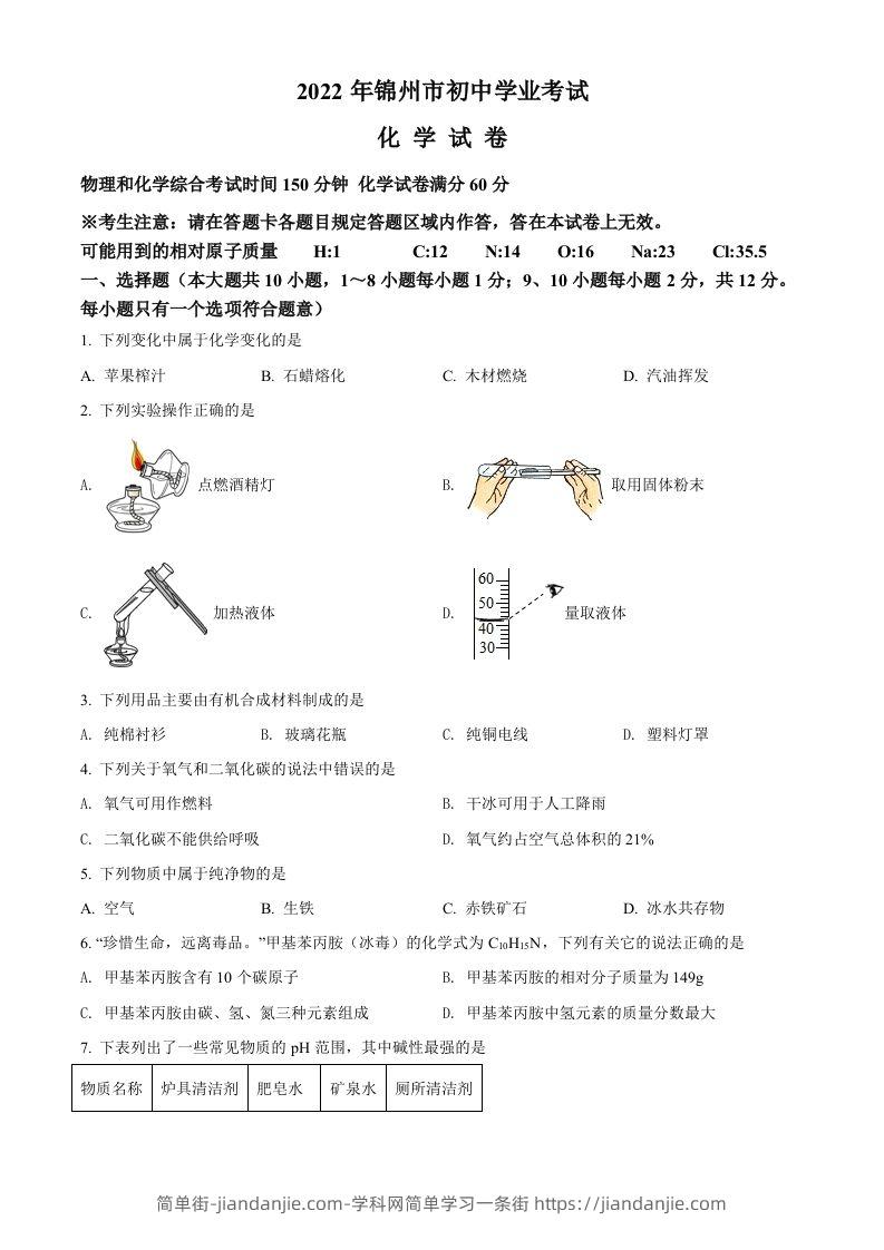 2022年辽宁省锦州市中考化学真题（空白卷）-简单街-jiandanjie.com