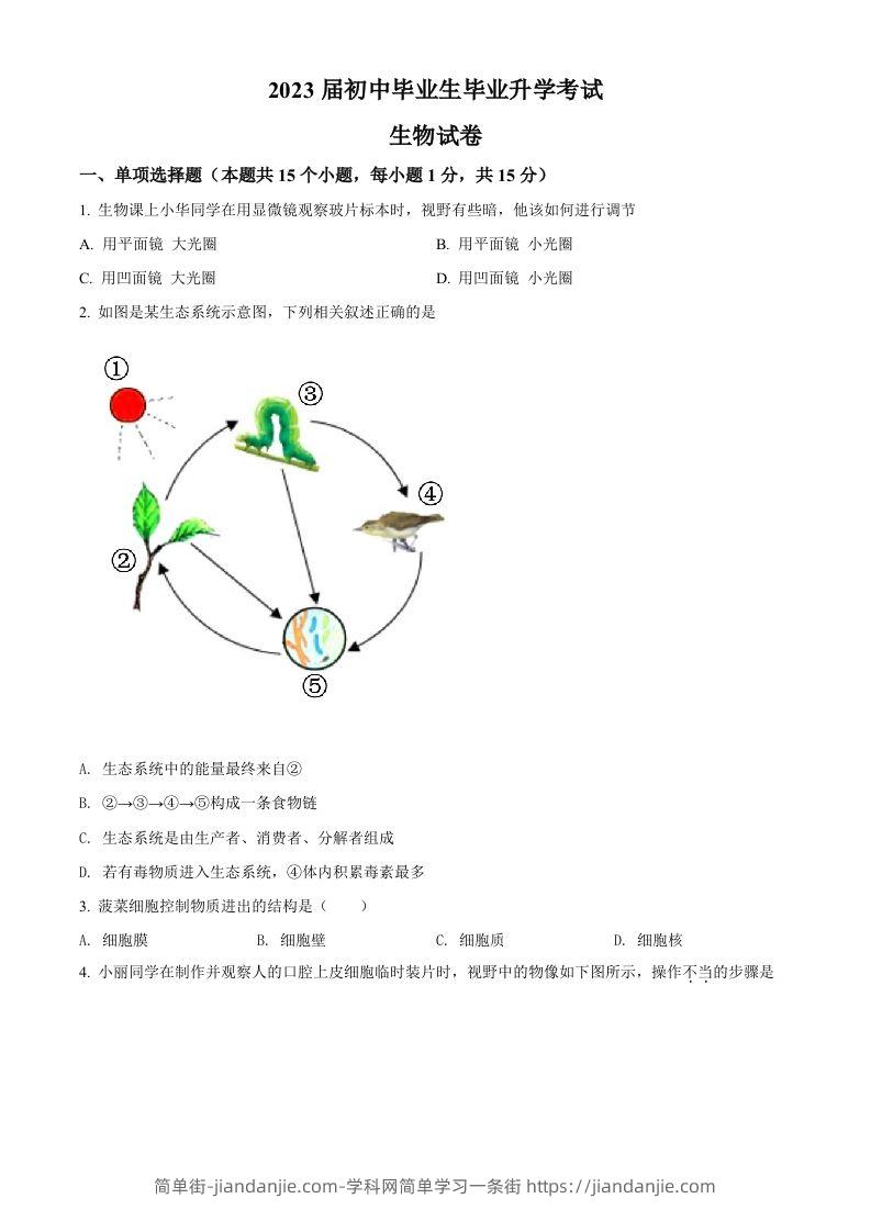 2022年辽宁省营口市中考生物真题（空白卷）-简单街-jiandanjie.com