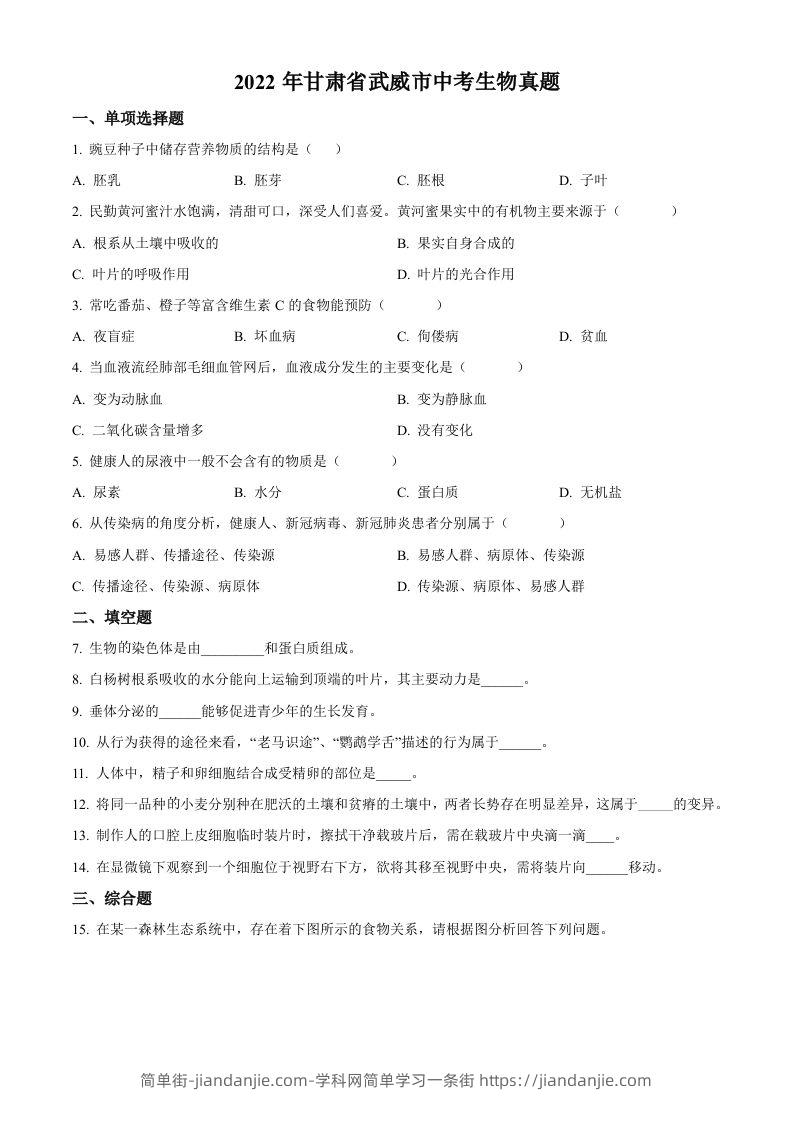 2022年甘肃省武威市中考生物真题（空白卷）-简单街-jiandanjie.com