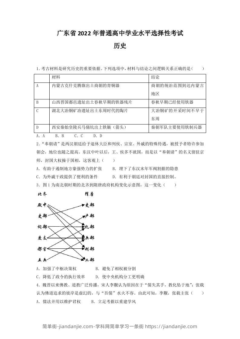 2022年高考历史试卷（广东）（空白卷）-简单街-jiandanjie.com