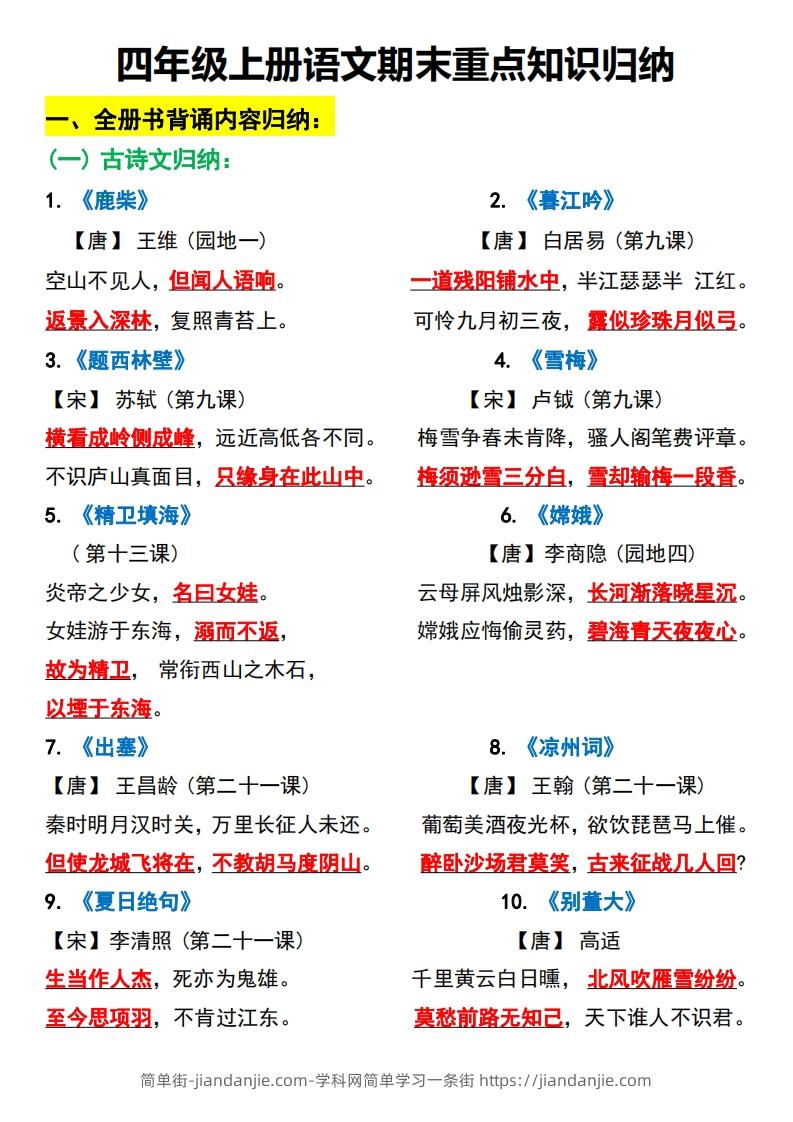 四上语文全册重点知识汇总-简单街-jiandanjie.com