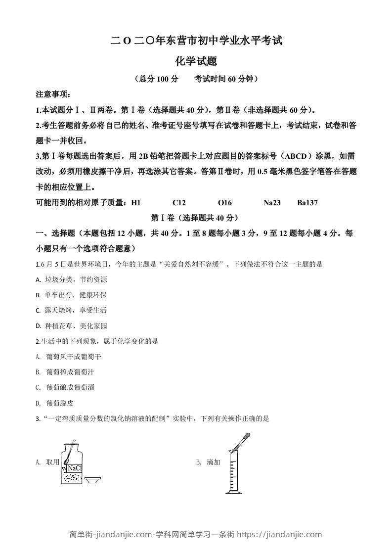 山东省东营市2020年中考化学试题（空白卷）-简单街-jiandanjie.com