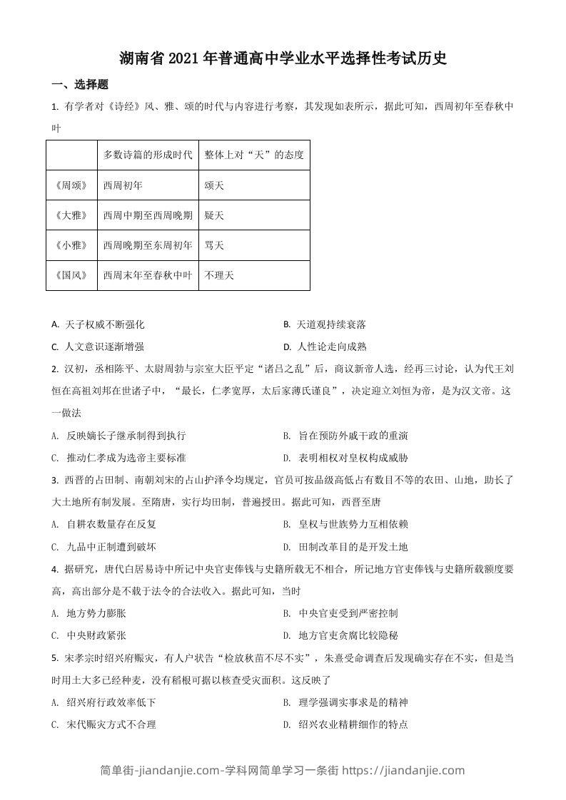 2021年高考历史试卷（湖南）（空白卷）-简单街-jiandanjie.com