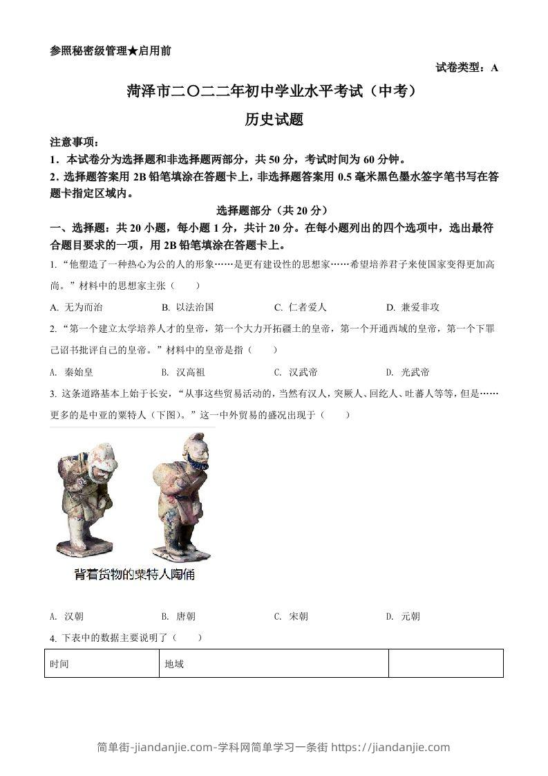 2022年山东省菏泽市中考历史真题（空白卷）-简单街-jiandanjie.com