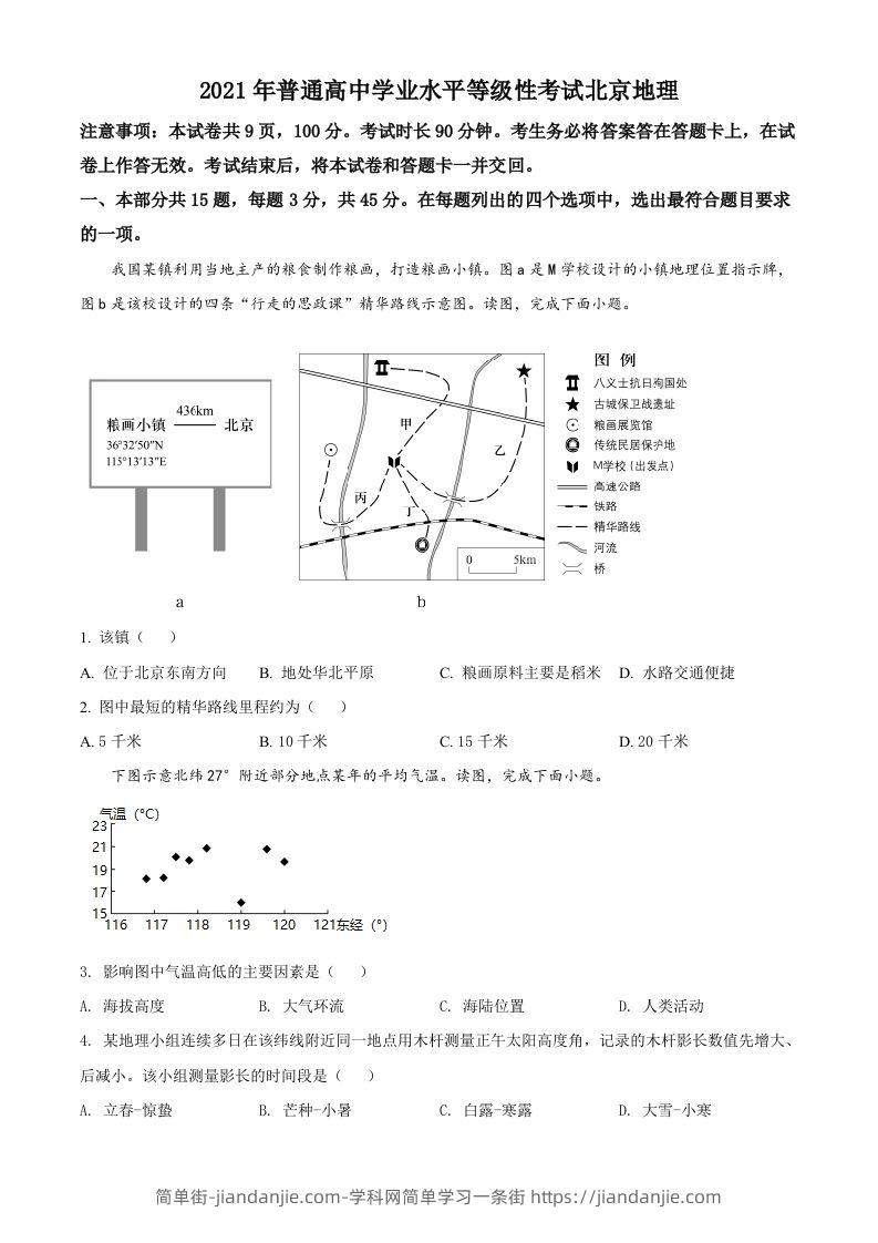 2021年高考地理试卷（北京）（空白卷）-简单街-jiandanjie.com