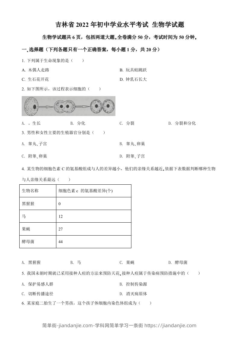 2022年吉林省大安市中考生物真题（空白卷）-简单街-jiandanjie.com