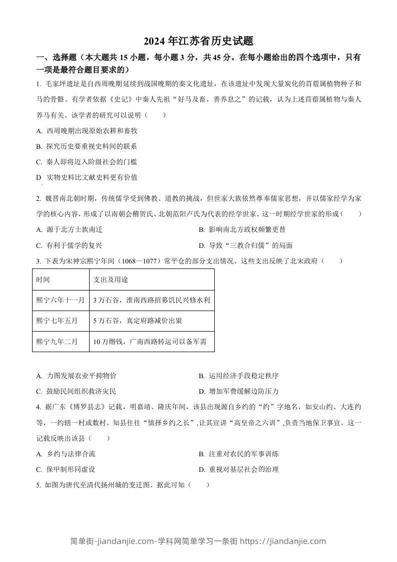 2024年高考历史试卷（江苏）（空白卷）-简单街-jiandanjie.com