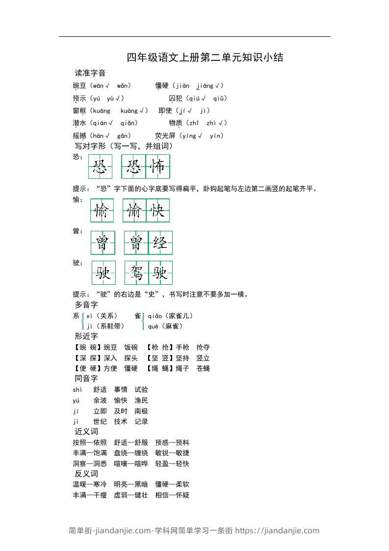 四（上）语文第二单元知识重点-简单街-jiandanjie.com