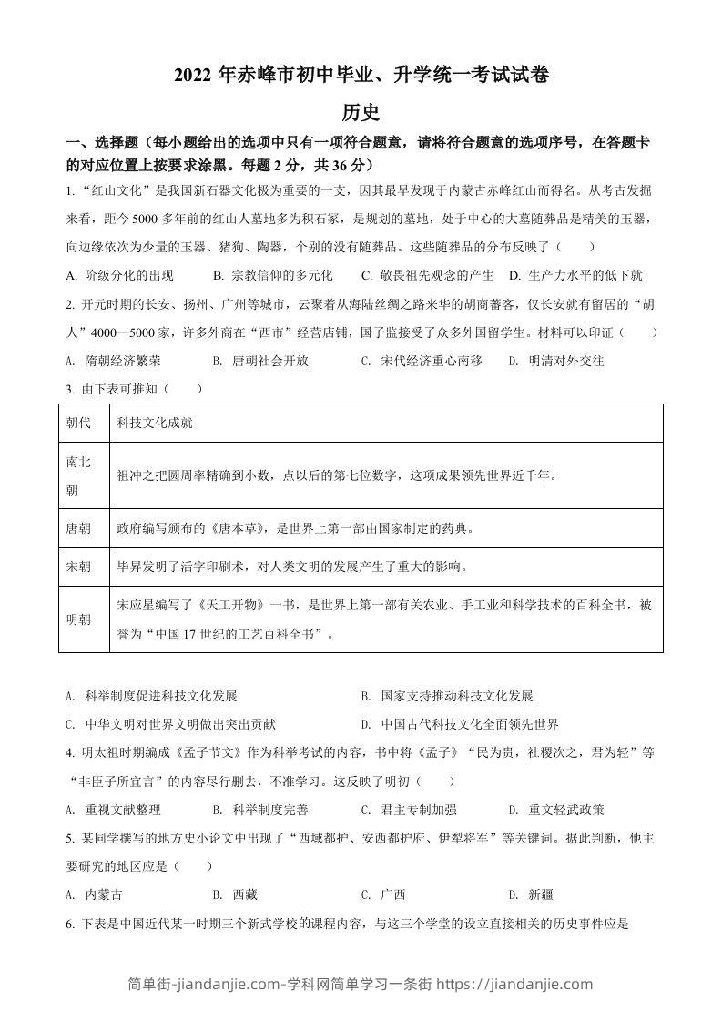 2022年内蒙古赤峰市中考历史真题（空白卷）-简单街-jiandanjie.com