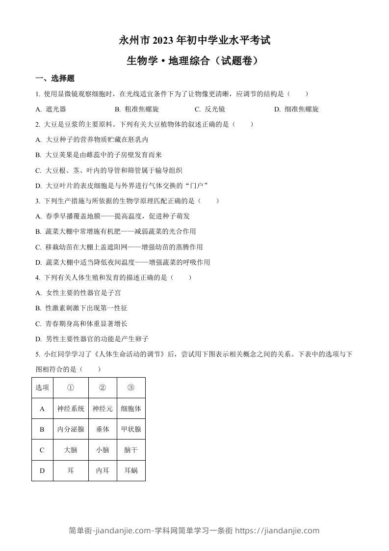 2023年湖南省永州市中考生物真题（空白卷）-简单街-jiandanjie.com