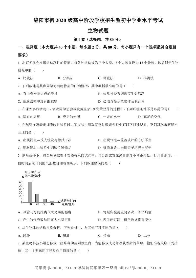 2022年四川省绵阳市中考生物真题（空白卷）-简单街-jiandanjie.com