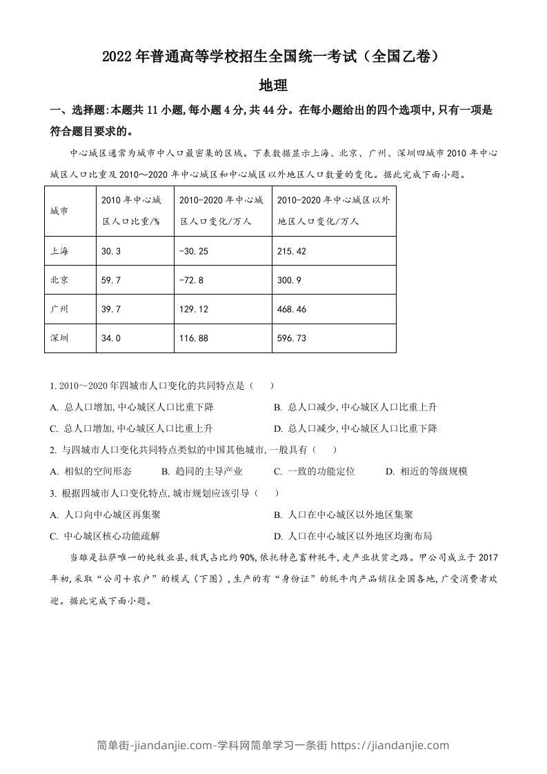 2022年高考地理试卷（全国乙卷）（空白卷）-简单街-jiandanjie.com