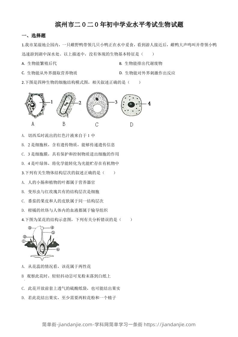 山东省滨州市2020年中考生物试题（空白卷）-简单街-jiandanjie.com