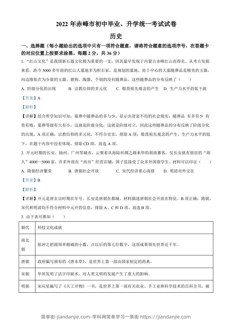 2022年内蒙古赤峰市中考历史真题（含答案）-简单街-jiandanjie.com