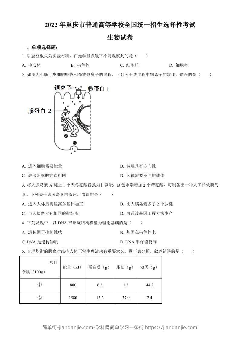 2022年高考生物试卷（重庆）（空白卷）-简单街-jiandanjie.com