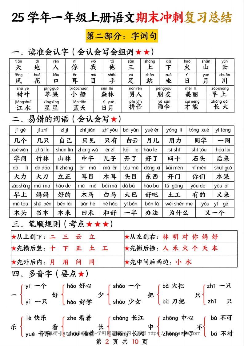 图片[2]-【25学年-期末冲刺复习总结（五大部分）10页】一上语文-简单街-jiandanjie.com