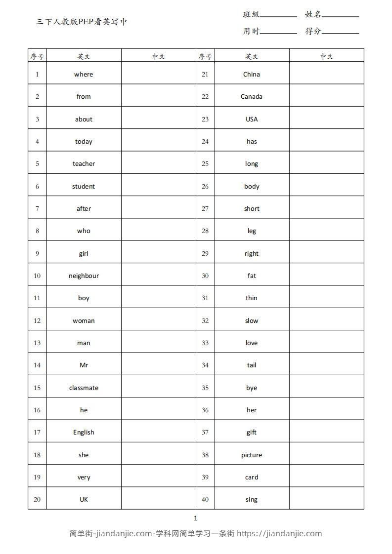 三下人教版英语PEP看英写中-简单街-jiandanjie.com