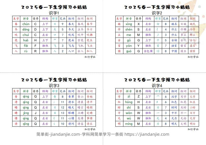 25一下语文生字【预习】小贴贴-简单街-jiandanjie.com