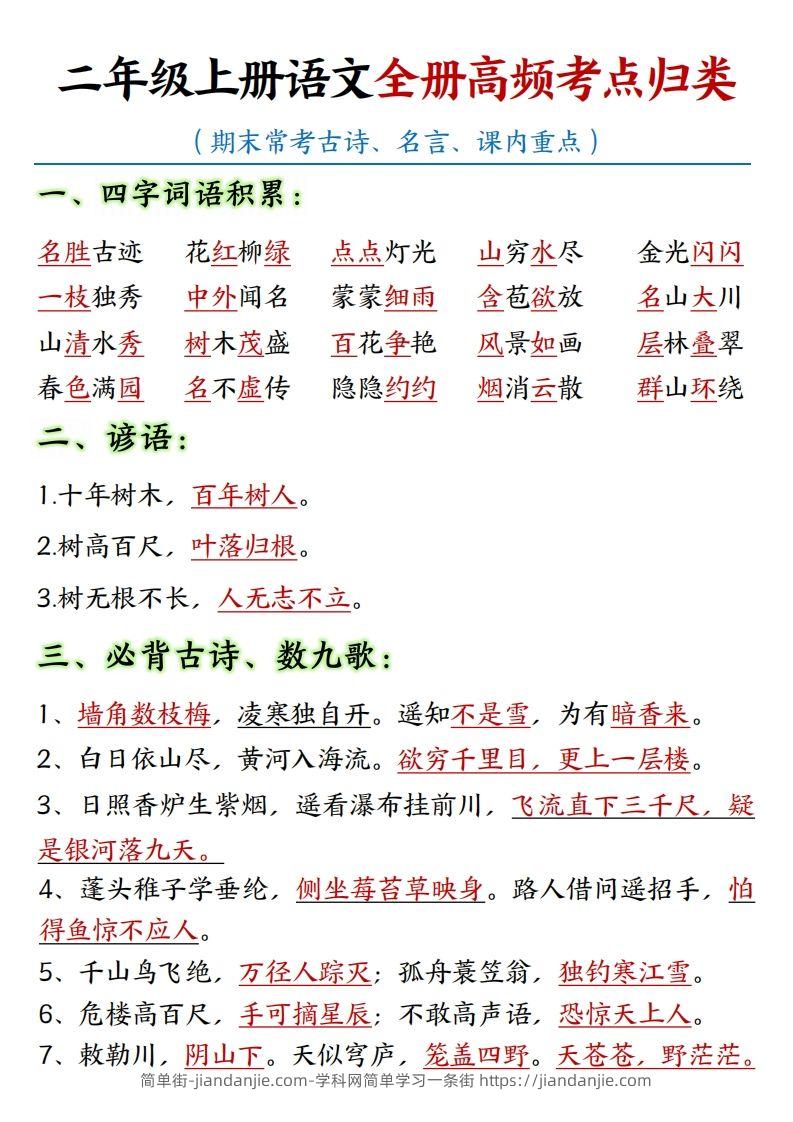 【全册重点高频考点归类汇总】二上语文-简单街-jiandanjie.com