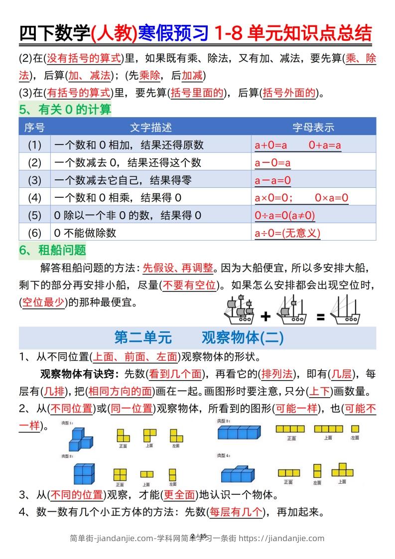 图片[2]-四下数学(人教)寒假预习1-8单元知识点总结（14页）-简单街-jiandanjie.com