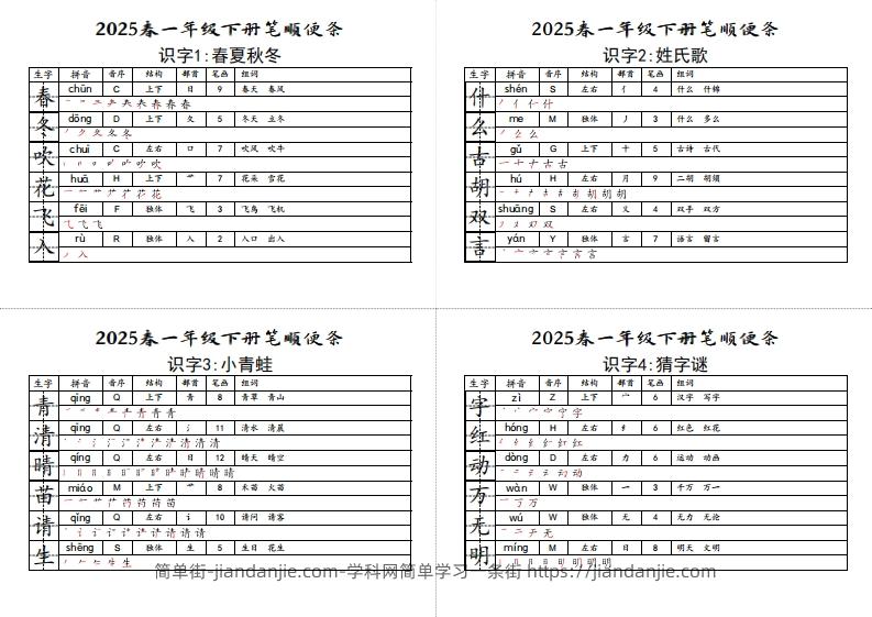 【笔顺小贴贴】一下语文最终版生字预习-简单街-jiandanjie.com