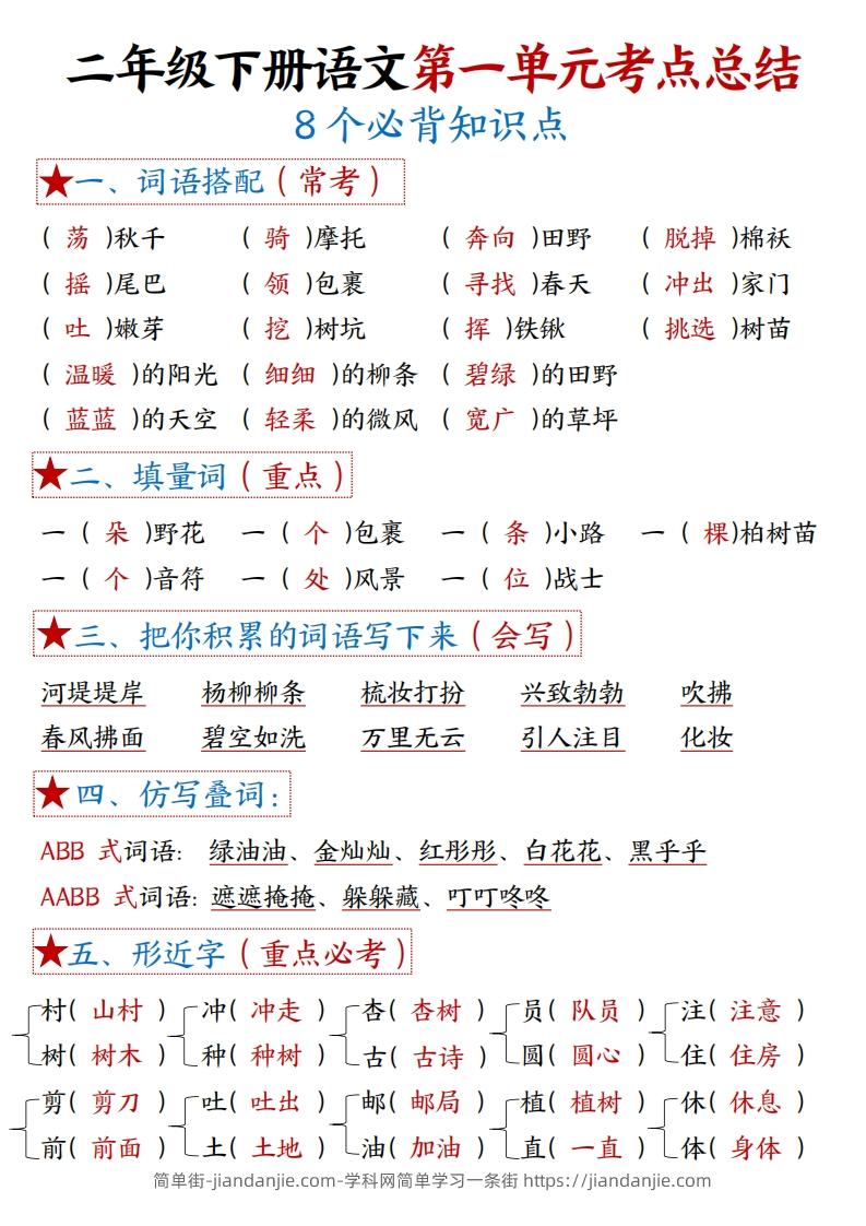 二下语文1-8单元【考点总结】（含全套练习题42页）-简单街-jiandanjie.com