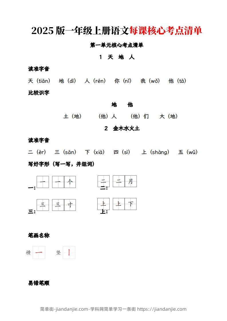 图片[1]-【2025版-每课核心考点清单】一上语文-简单街-jiandanjie.com