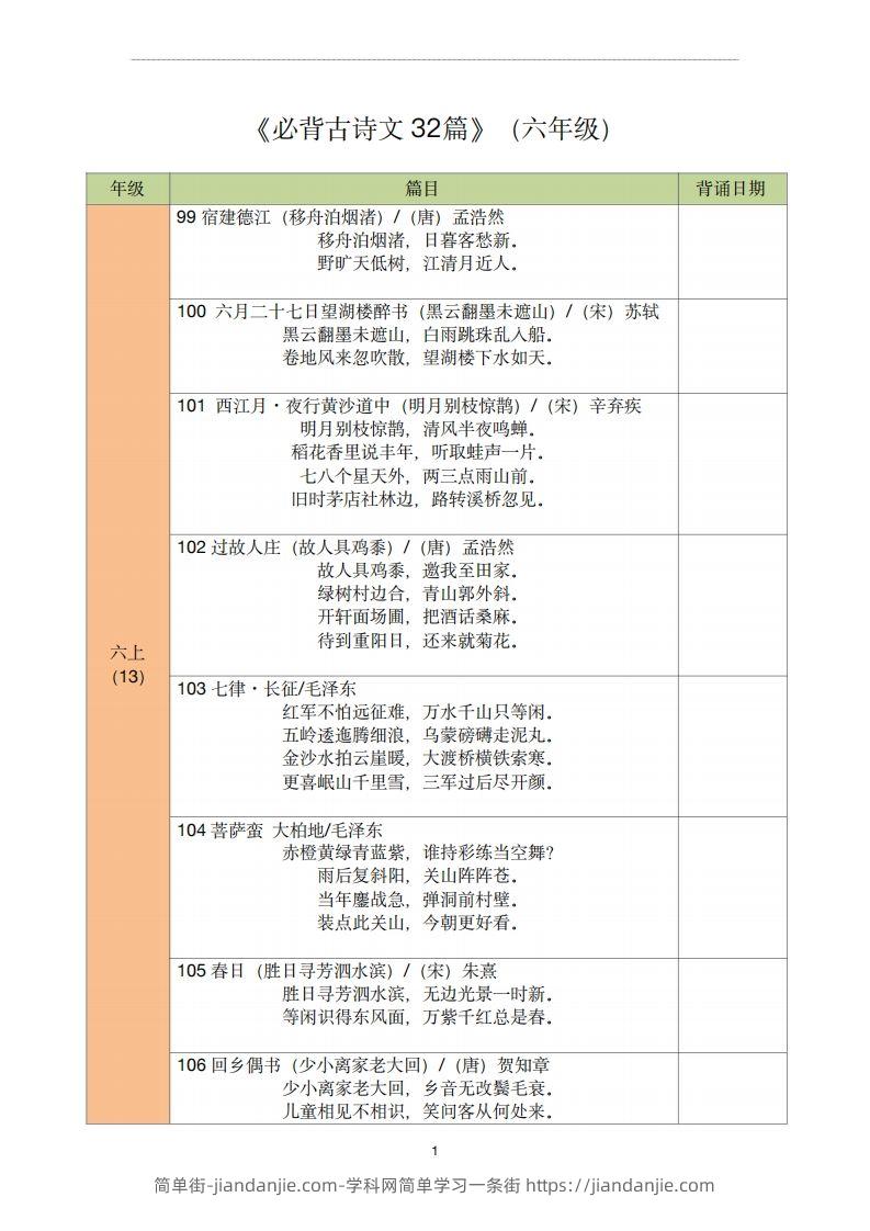 【古诗文背诵记录表】六年级语文-简单街-jiandanjie.com