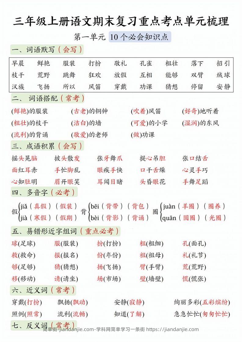 图片[1]-【期末复习1-8单元重点考点单元梳理】三上语文-简单街-jiandanjie.com