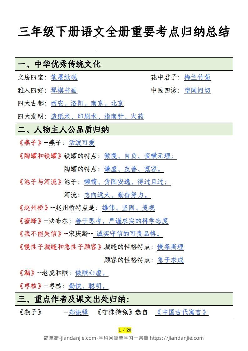 三下语文全册重要考点归纳总结-简单街-jiandanjie.com