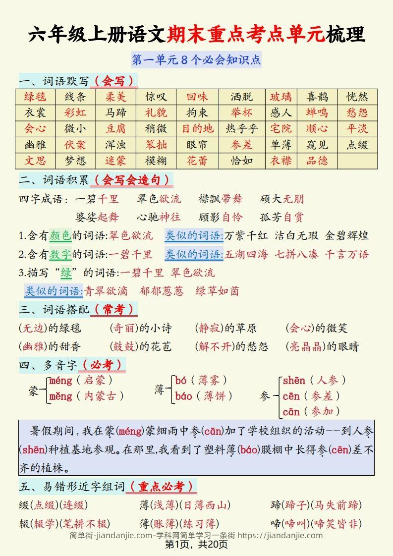 【期末重点考点单元梳理】六上语文-简单街-jiandanjie.com