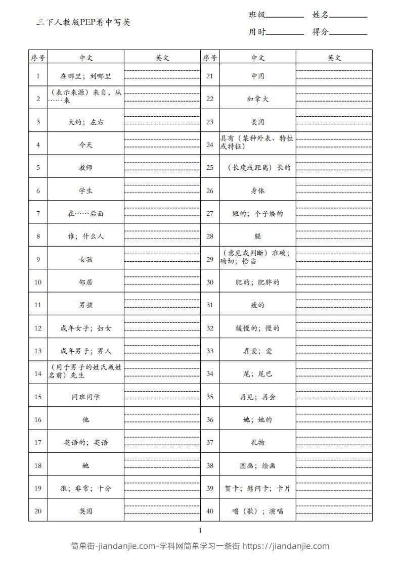 三下人教版英语PEP看中写英-简单街-jiandanjie.com