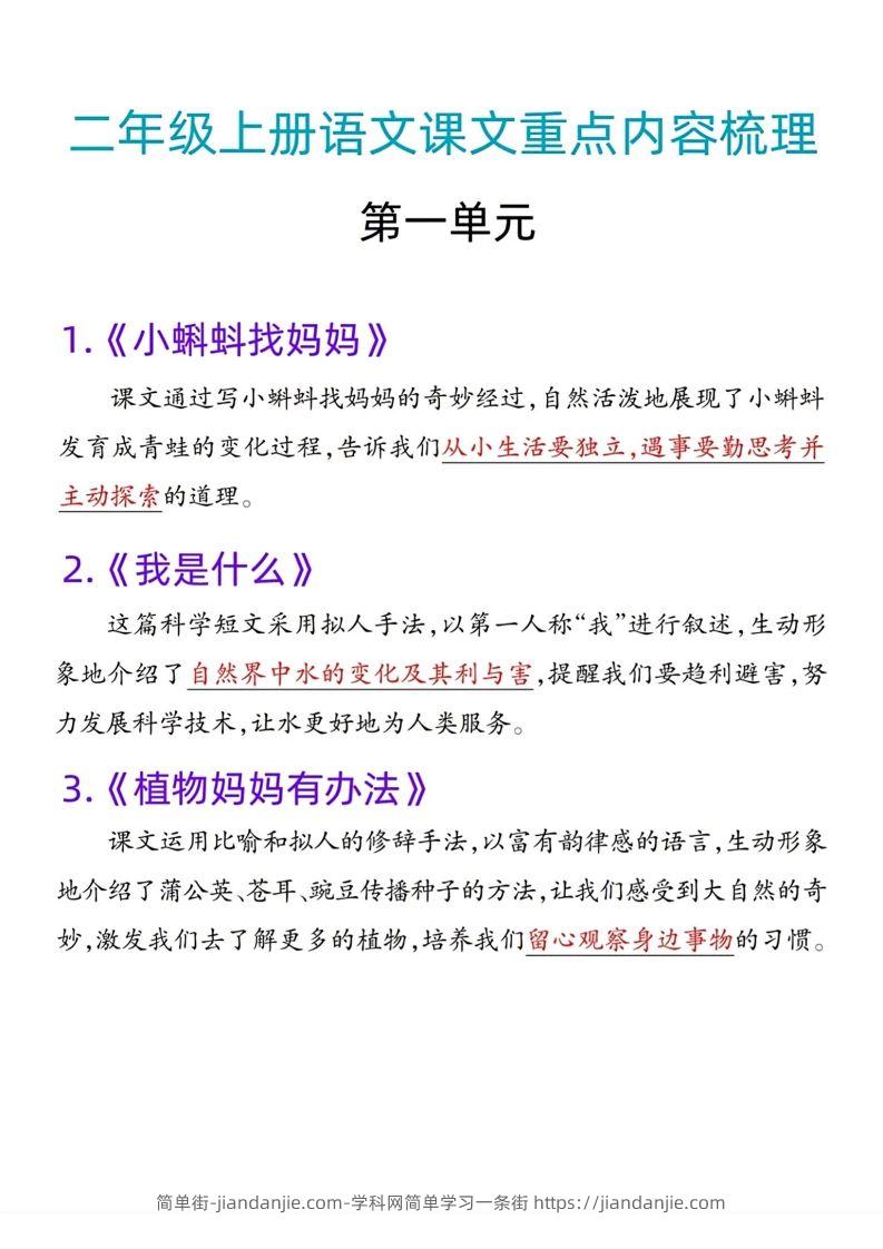 二年级语文上册课文重点内容梳理-简单街-jiandanjie.com