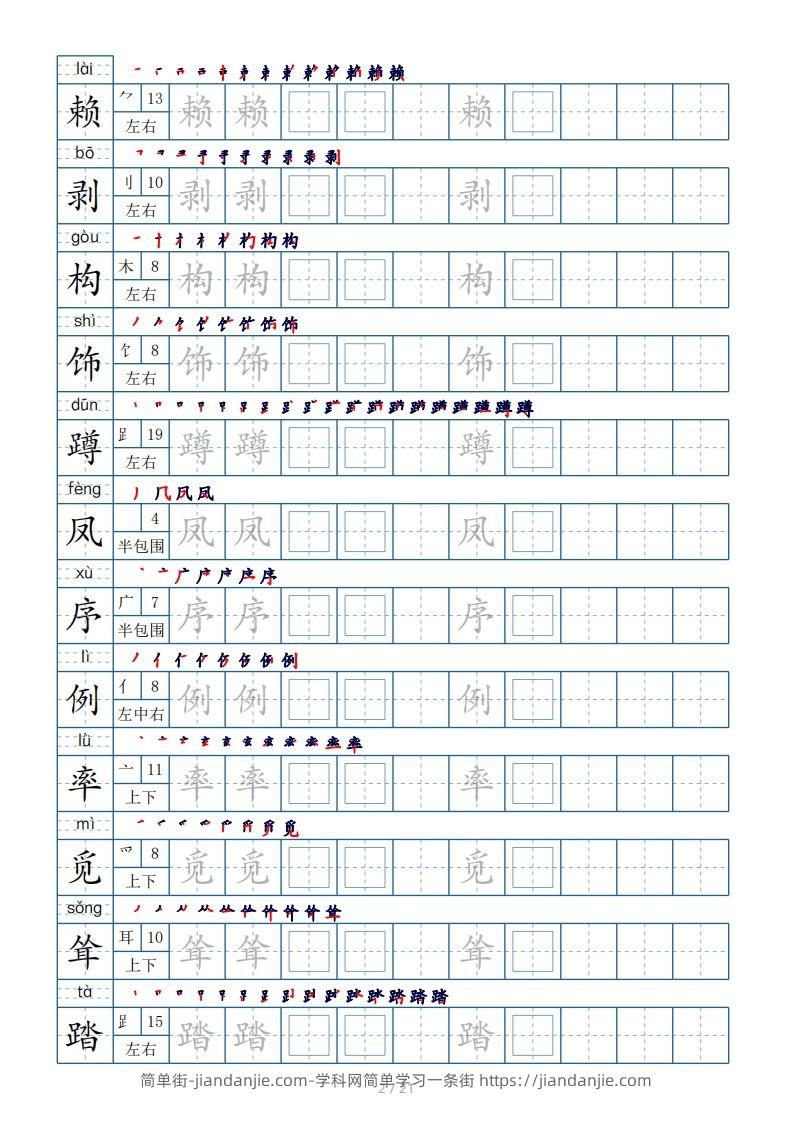 图片[2]-【生字表字帖250个（偏旁部首+笔顺+拼音21页）】四下语文-简单街-jiandanjie.com
