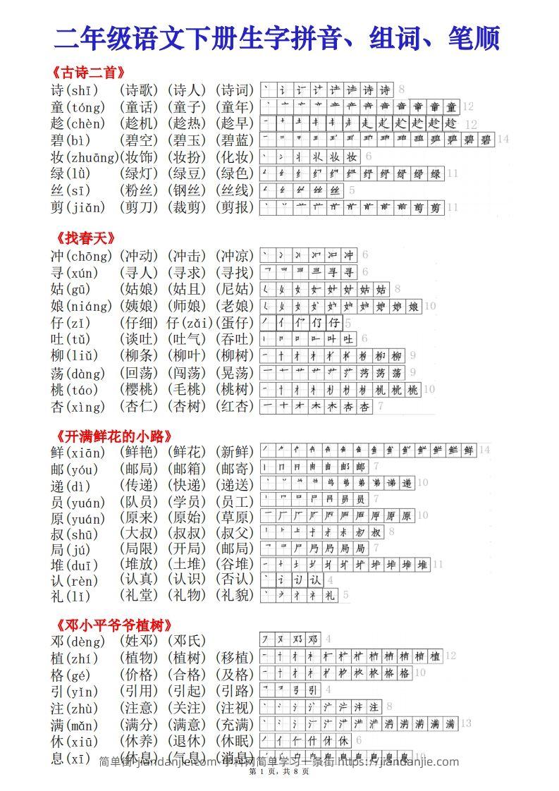 二下语文【课课贴】生字拼音组词笔顺）8页-简单街-jiandanjie.com