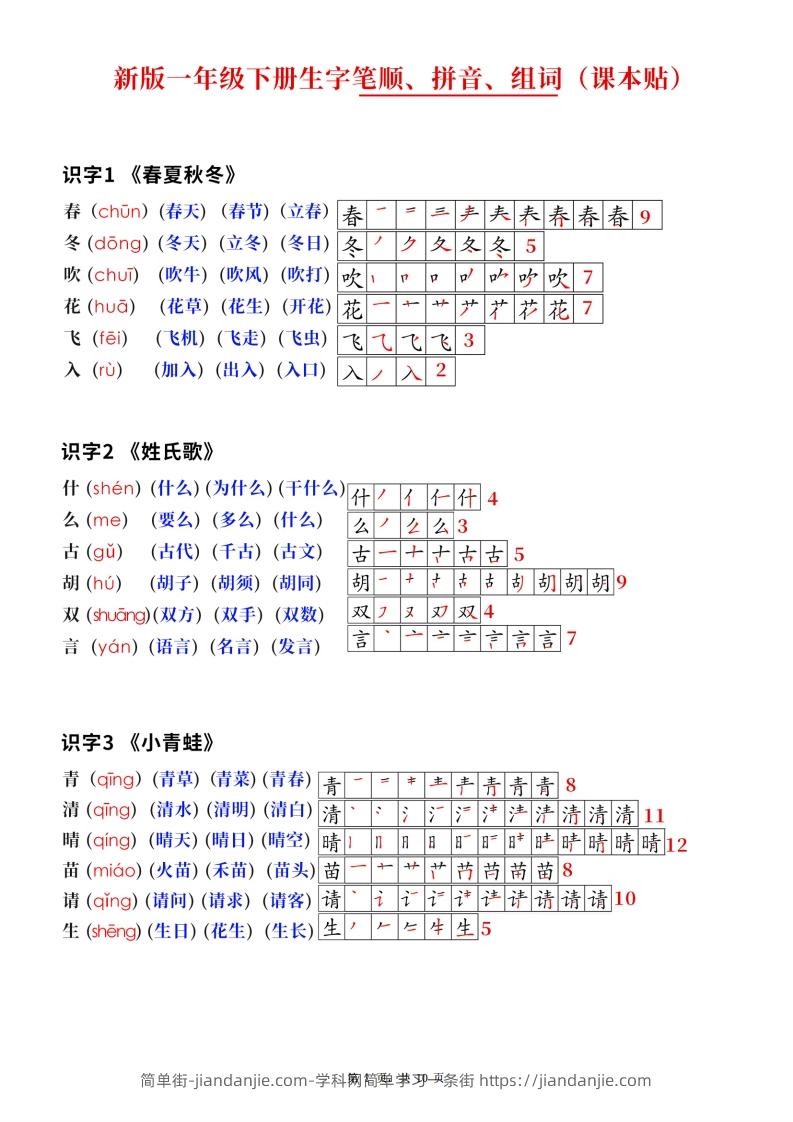 新版一下语文生字笔顺拼音组词（课课贴课本贴）10页-简单街-jiandanjie.com