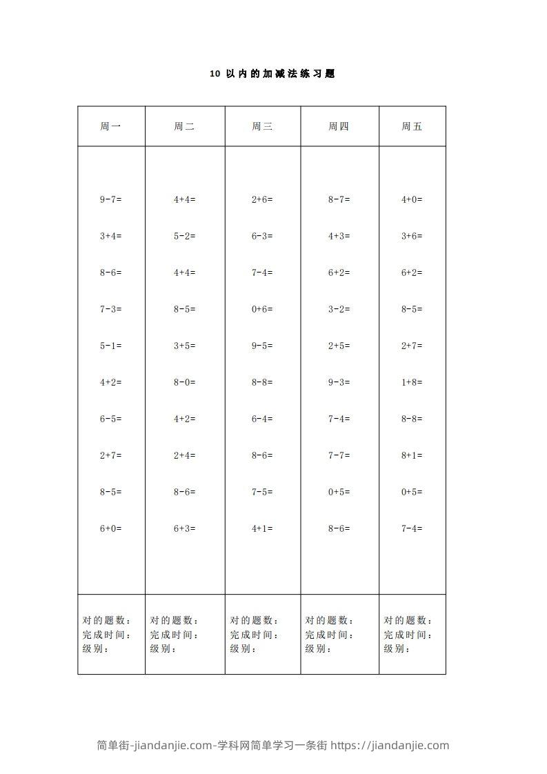 图片[2]-【数学】一（上）5、10、20以内口算天天练大全-简单街-jiandanjie.com