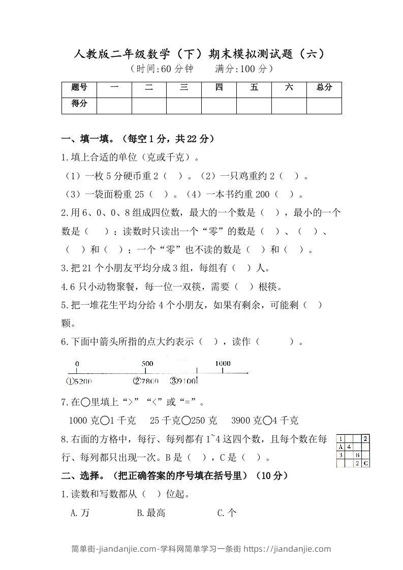 二年级数学下册试题-期末模拟测试题（六）人教版（含答案）-简单街-jiandanjie.com