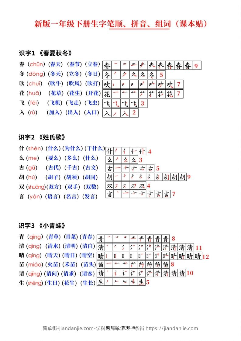 新版一年级下册语文生字笔顺拼音组词(课本贴)-简单街-jiandanjie.com