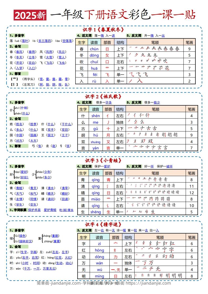 25春新一下语文彩色一课一贴高清（9页）-简单街-jiandanjie.com