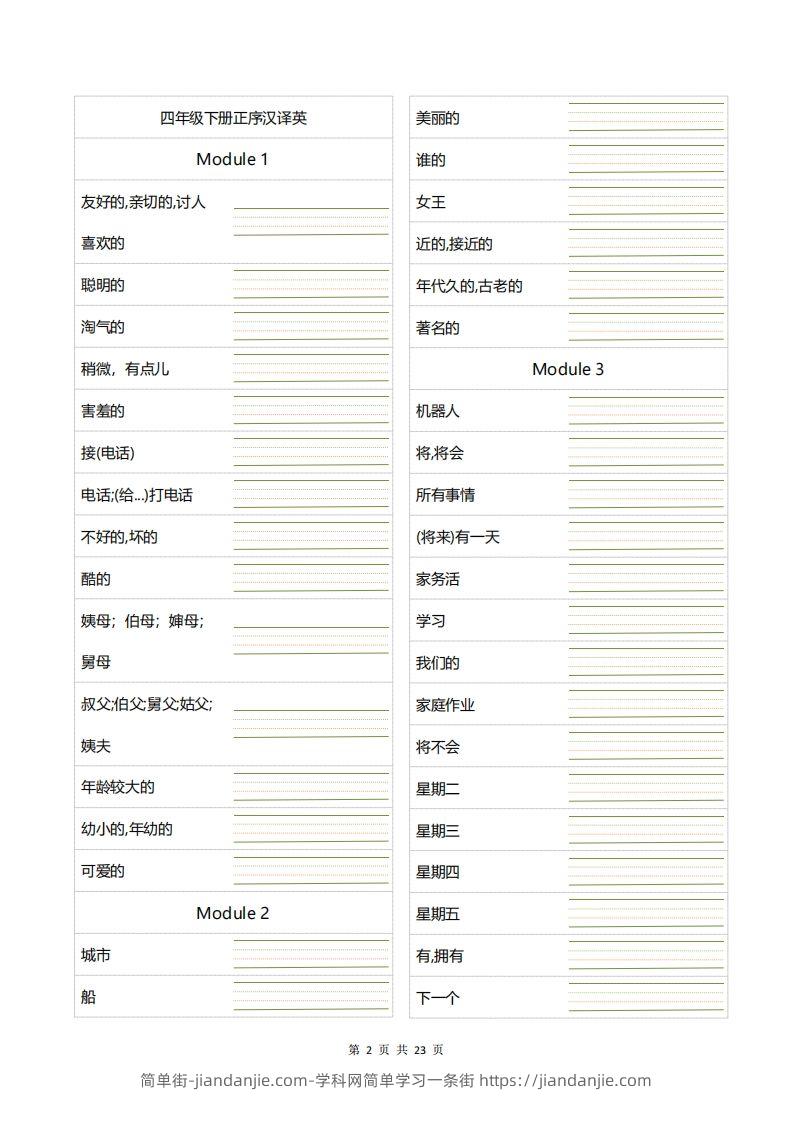 图片[2]-四年级下册英语单词句型默写-简单街-jiandanjie.com