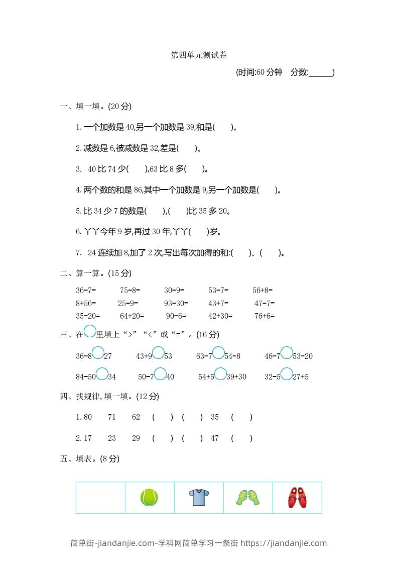 一下青岛版数学第四单元测试卷1（54制）-简单街-jiandanjie.com
