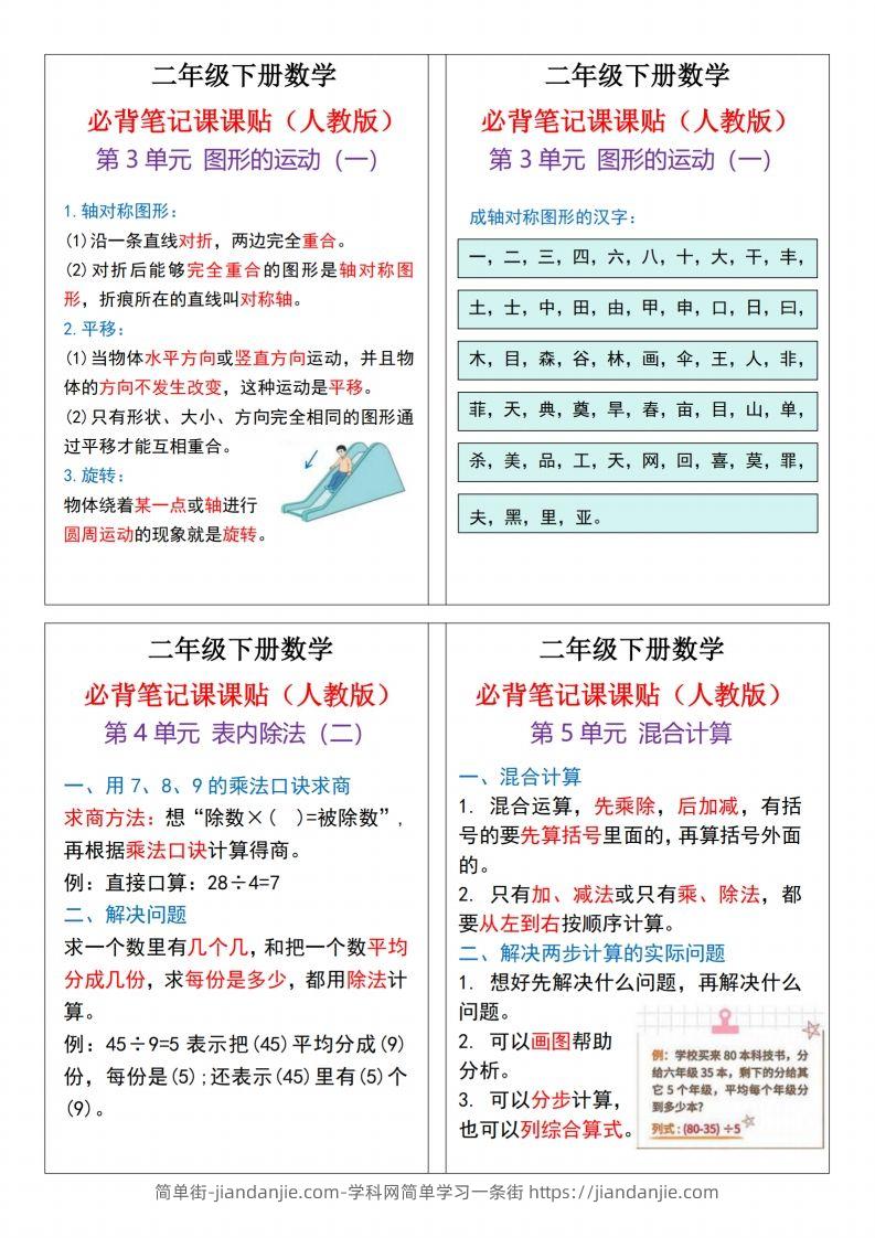 图片[2]-二下数学必背笔记课课贴13条（人教版）4页-简单街-jiandanjie.com