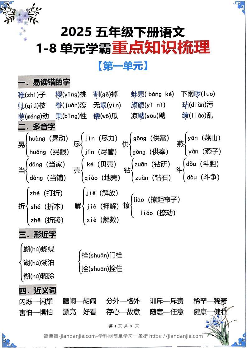 【知识点】五下语文1-8单元学霸重点知识梳理30页-简单街-jiandanjie.com